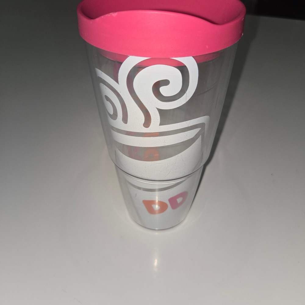 Dunkin Donuts Tervis Tumbler 24oz Insulated Travel Cup Clear Orange Pink